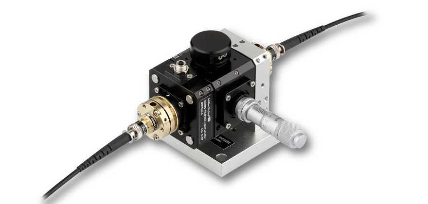 Fiber-to-fiber-coupler with attenuator and electro-magnetic shutter